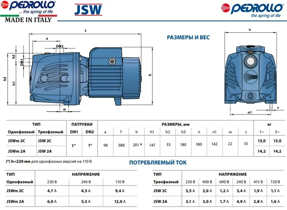 Насос відцентровий самовсмоктуючий Pedrollo JSWm 2C - Зображення 3