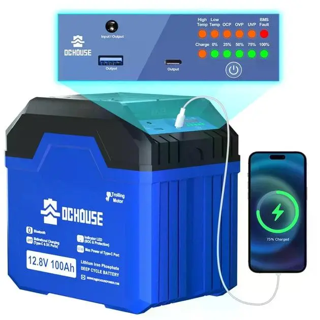 Акумулятор LiFePO4 OCHOUSE 12.8V 100Ah 1280Wh з USB надійне автономне живлення для дому та подорожей - Зображення 2