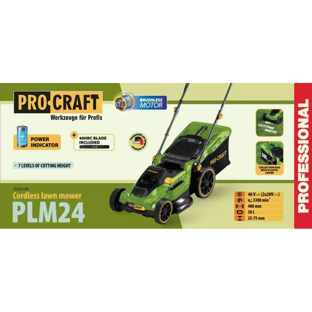ккумуляторная газонокосилка Procraft PLM24 (2 аккумулятора 20 В 4 А·ч Type-C + двойное зарядное устройство) — изображение 2