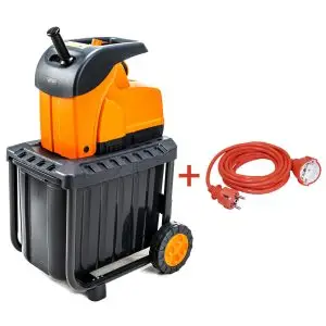 GTM Подрібнювач садовий DS2800/45 KIT, 220 В, 2800 Вт, гілки до 45 мм, ножі, контейнер 60 л + подовжувач 10 м жовтогарячий.