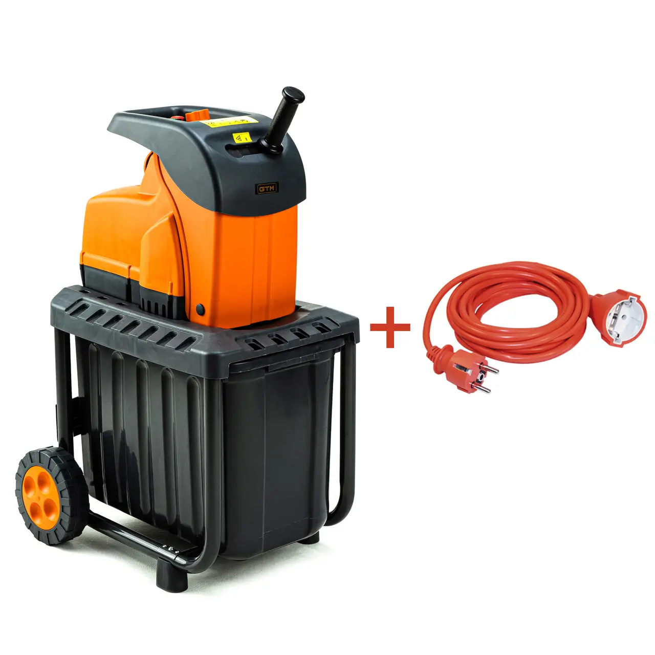 GTM Подрібнювач садовий DS2800/45 KIT, 220 В, 2800 Вт, гілки до 45 мм, ножі, контейнер 60 л + подовжувач 10 м жовтогарячий. - Зображення 2