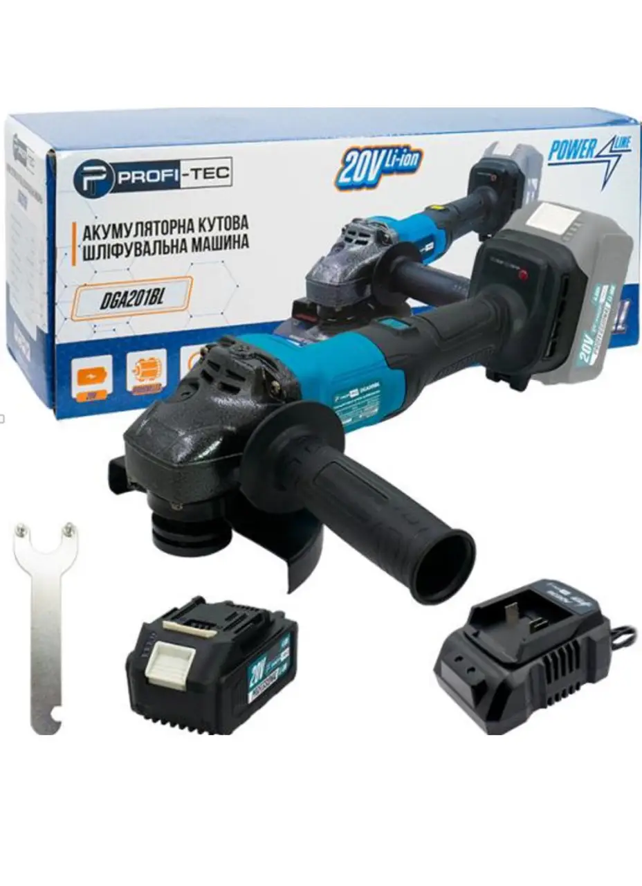 Аккумуляторная угловая болгарка PROFI-TEC 20V DGA201BL Professional POWERLine (1х 4.0Aг, зарядное устройство